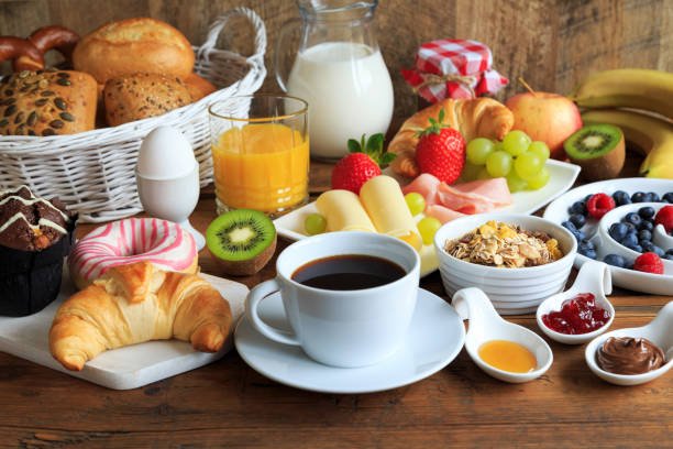 Richly laid breakfast table